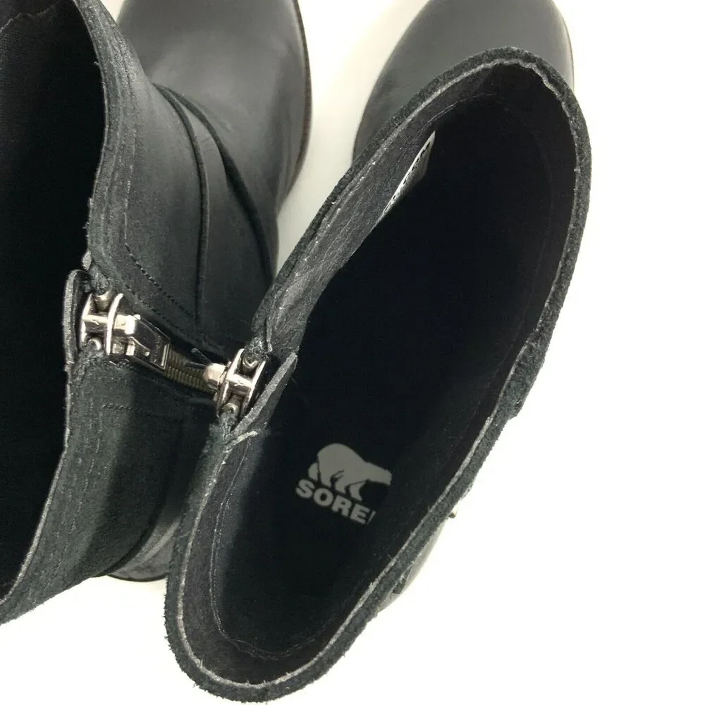 New Sorel Cate Waterproof Leather Boots Harness Buckle Zip Black 7.5